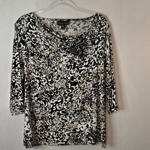 Dana Buchman XL Black White Abstract Cowl Neck 3/4 Sleeve Stretch Blouse Top